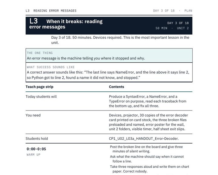 A teacher lesson page with the period timed down the left edge