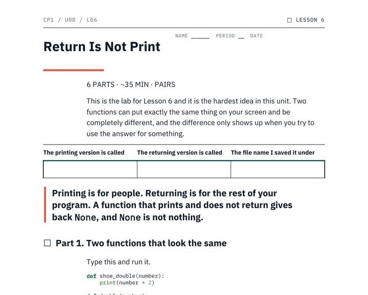 A student handout comparing two functions side by side