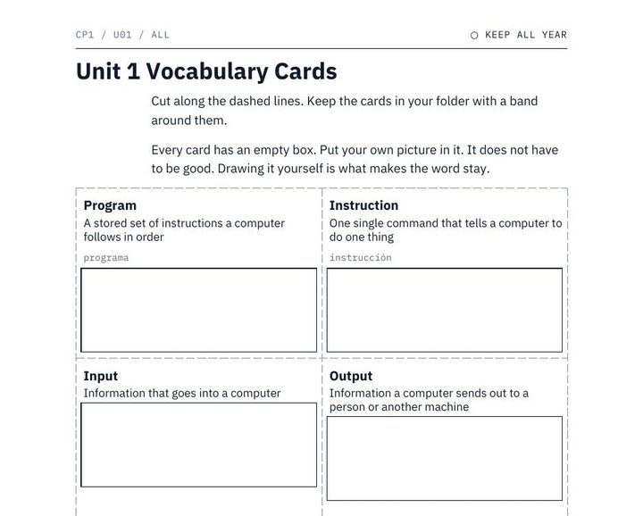 A sheet of cut out vocabulary cards with drawing space