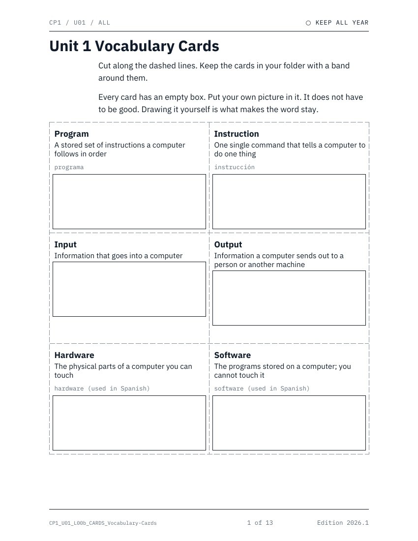 Print and cut vocabulary, first page