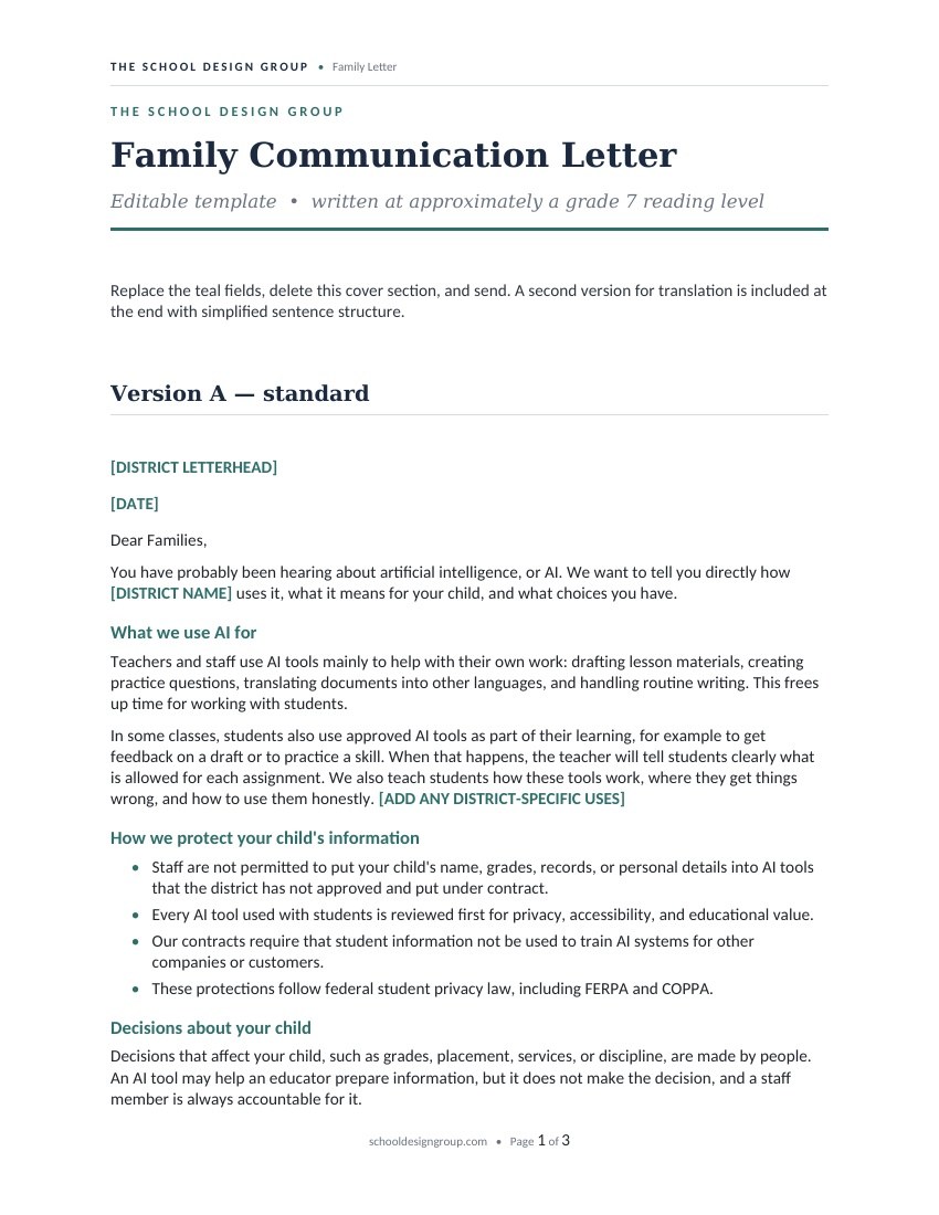 Family communication letter, first page
