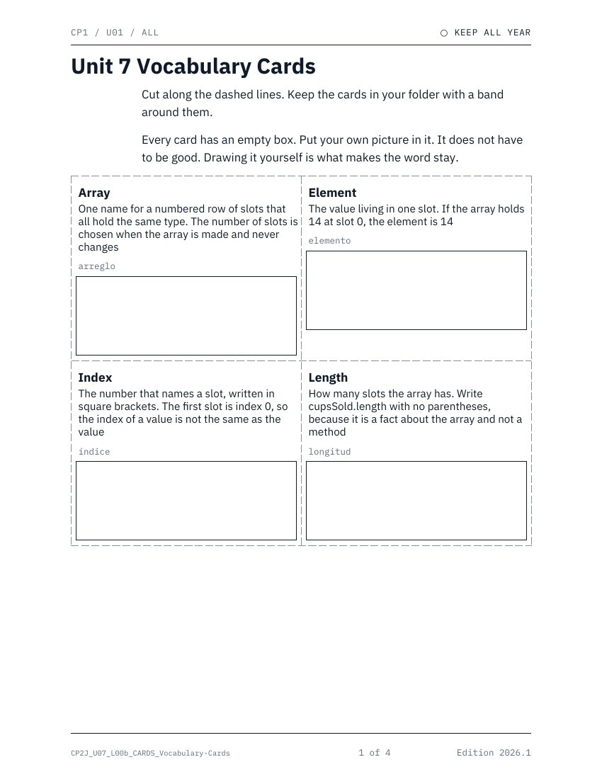 Print and cut vocabulary, first page