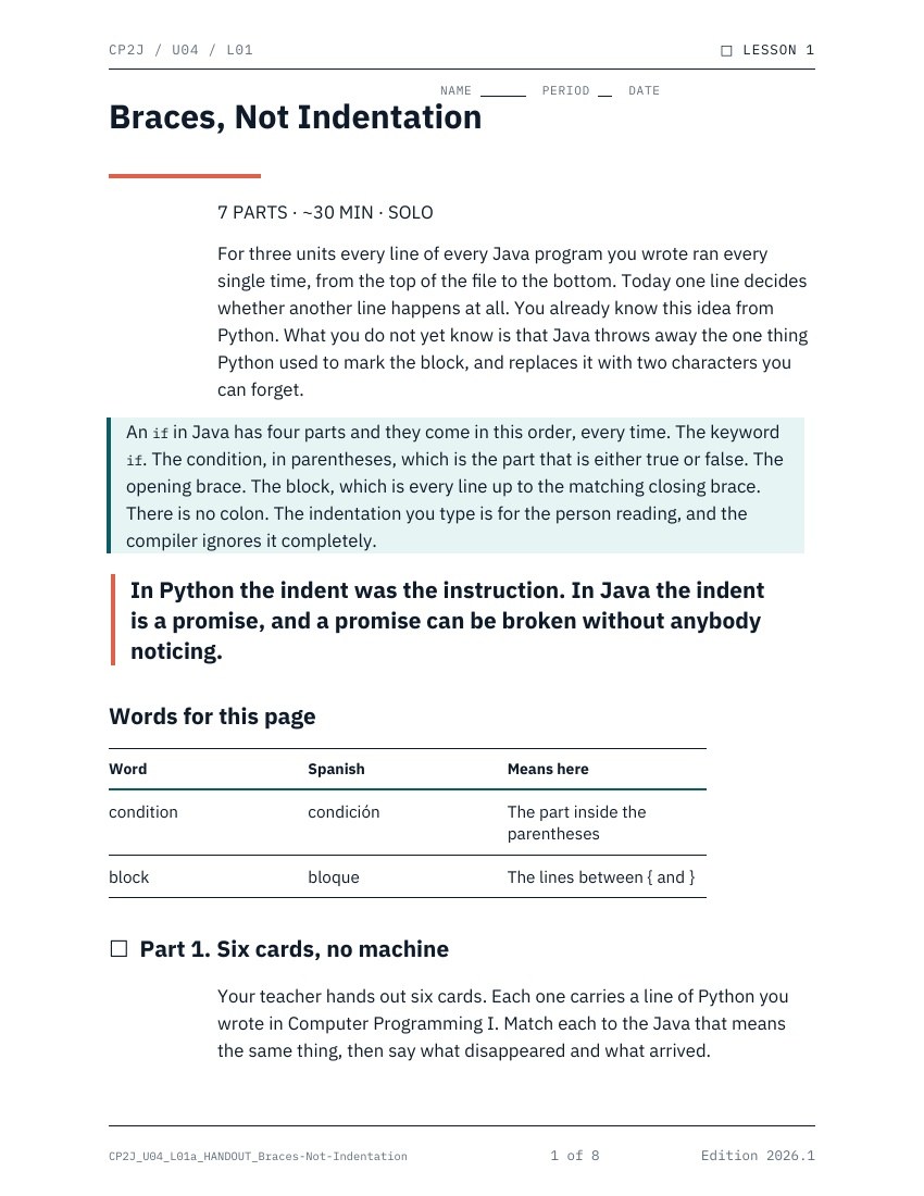 A student handout, first page