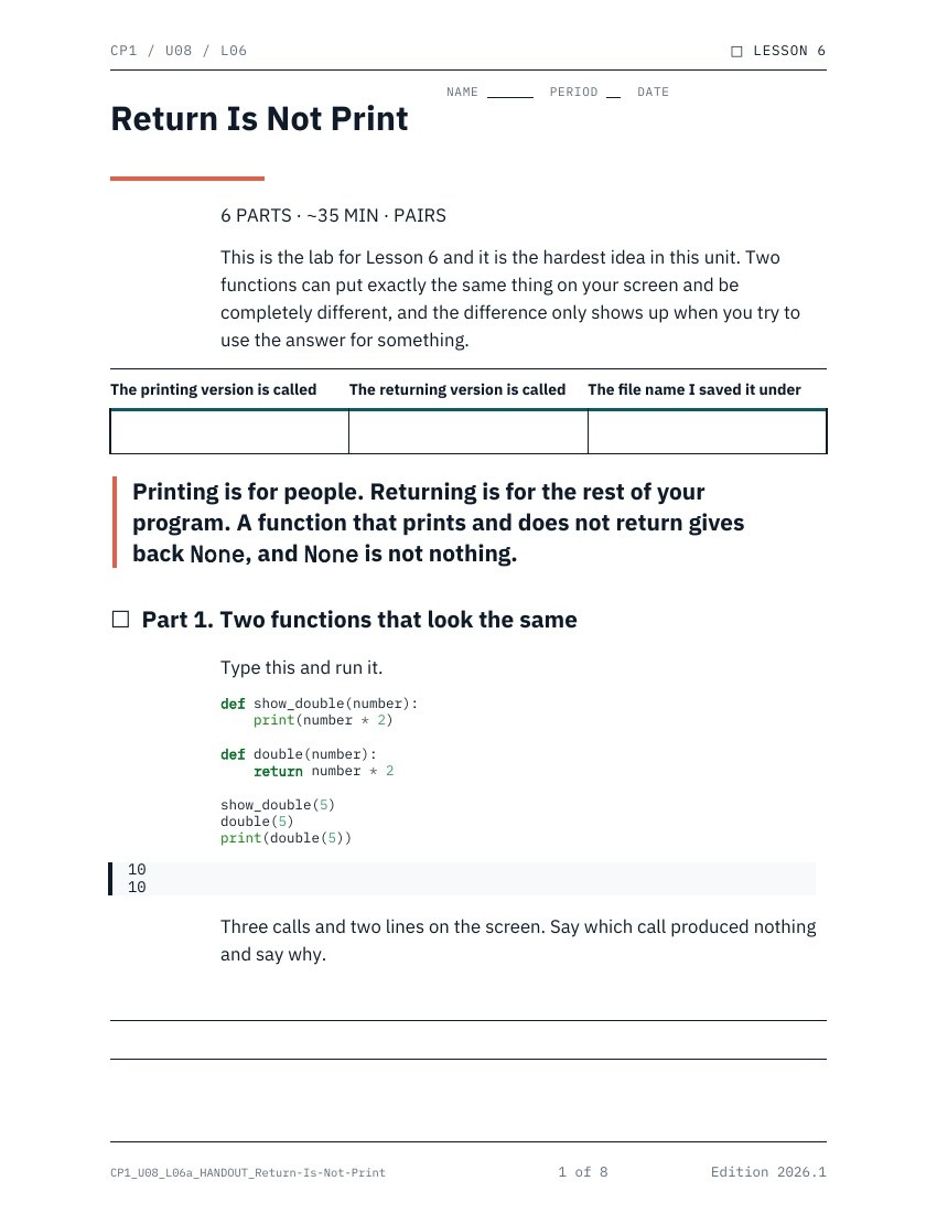 A student handout on what a function returns