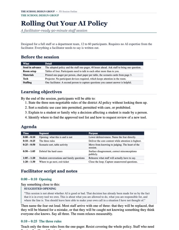 Ninety minute professional development session plan, first page